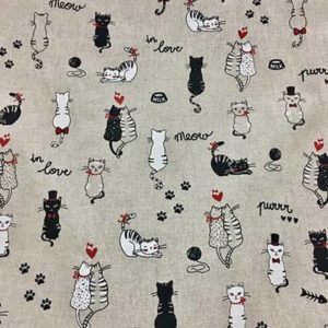 Tissu aspect lin chat noir et blanc