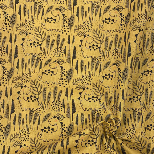 Tissu coton imprimé dinosaure moutarde froissé