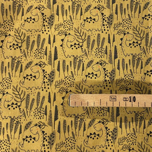 Tissu coton imprimé dinosaure moutarde mètre