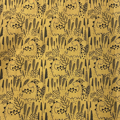 Tissu coton imprimé dinosaure moutarde