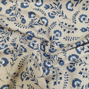 Tissu aspect lin fleur bleue froissé