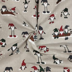 Tissu aspect lin Noel multi Gnomes froissé