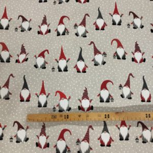 Tissu aspect lin Gnomes Noel neige mètre