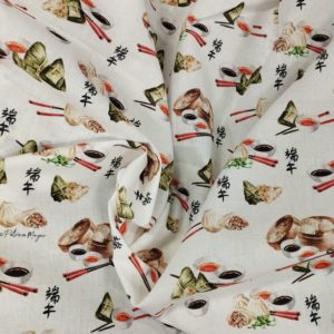 Tissu coton imprimé aliments asiatique froissé
