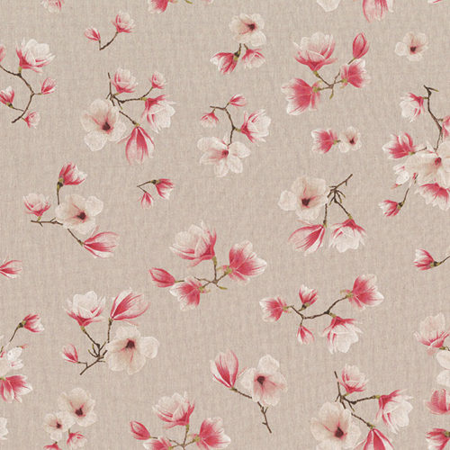 Tissu aspect lin fleurs rosa