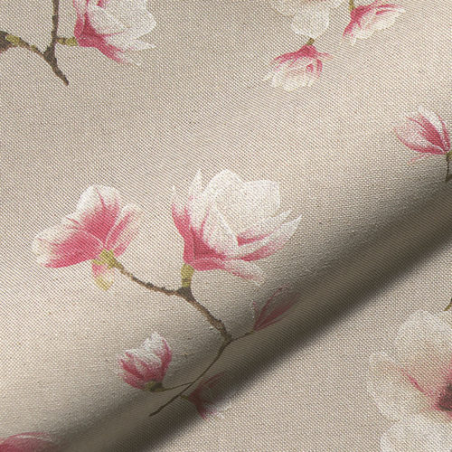 Tissu aspect lin fleurs rosa