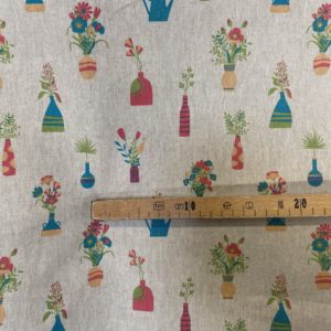 Tissu aspect lin pots de fleurs mètre