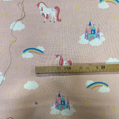 Tissu aspect lin licorne arc-en-ciel mètre